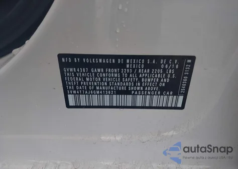 2016 Volkswagen Jetta 2.0T Gli Se/2.0T Gli Sel z USA, uszkodzony, nr VIN 3VW4T7AJ6GM413621